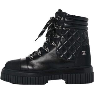 CHANEL Combat Calfskin Grosgrain Quilted Lace Up Boots Size 37